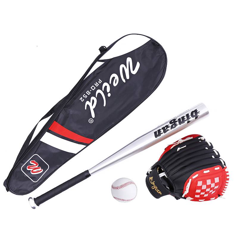 Red and black baseball gloves+silver stick+baseball+bag