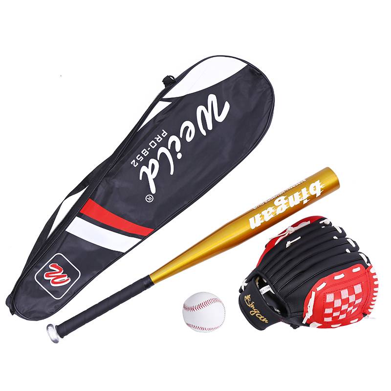 Red and black baseball gloves+gold stick+baseball+bag