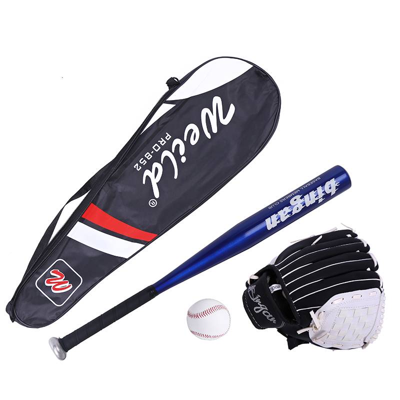 Black and white baseball glove+blue stick+baseball+bag