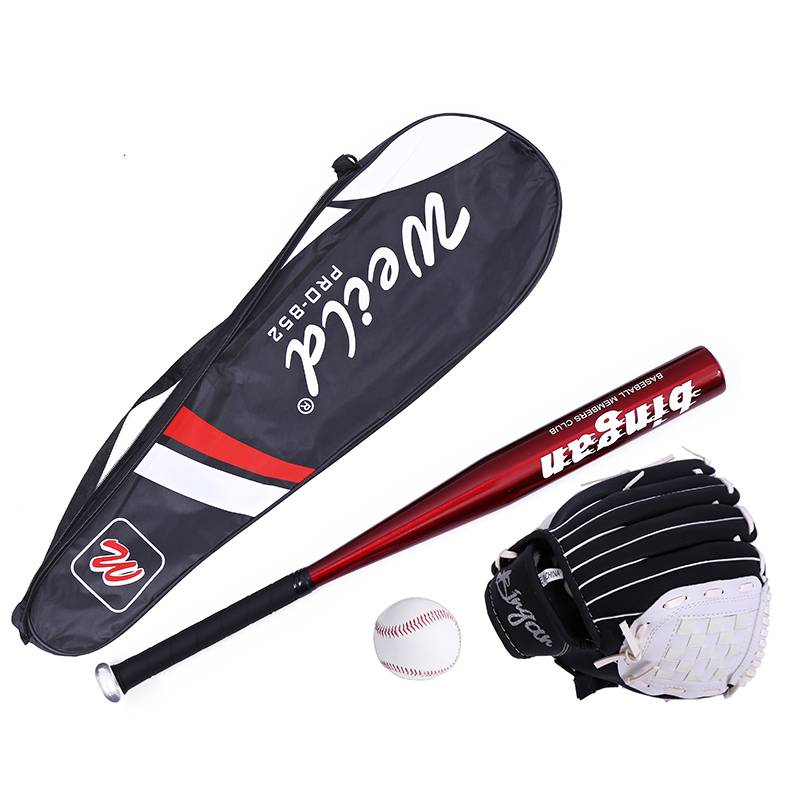 Black and white baseball gloves+red stick+baseball+bag