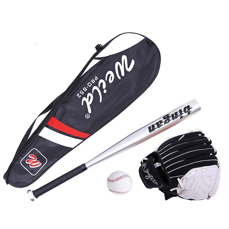 Black and white baseball glove+silver stick+baseball+bag