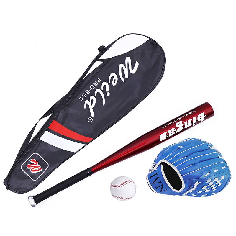 Blue baseball glove+red ball+baseball+bag