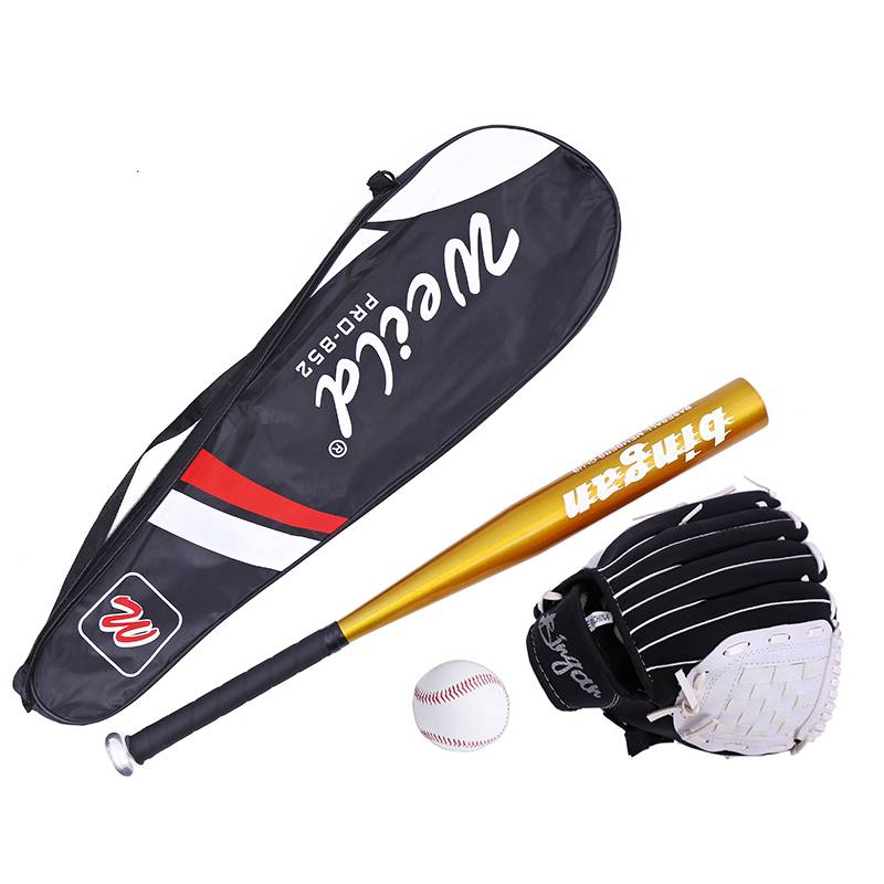 Black and white baseball glove+golden stick+baseball+bag