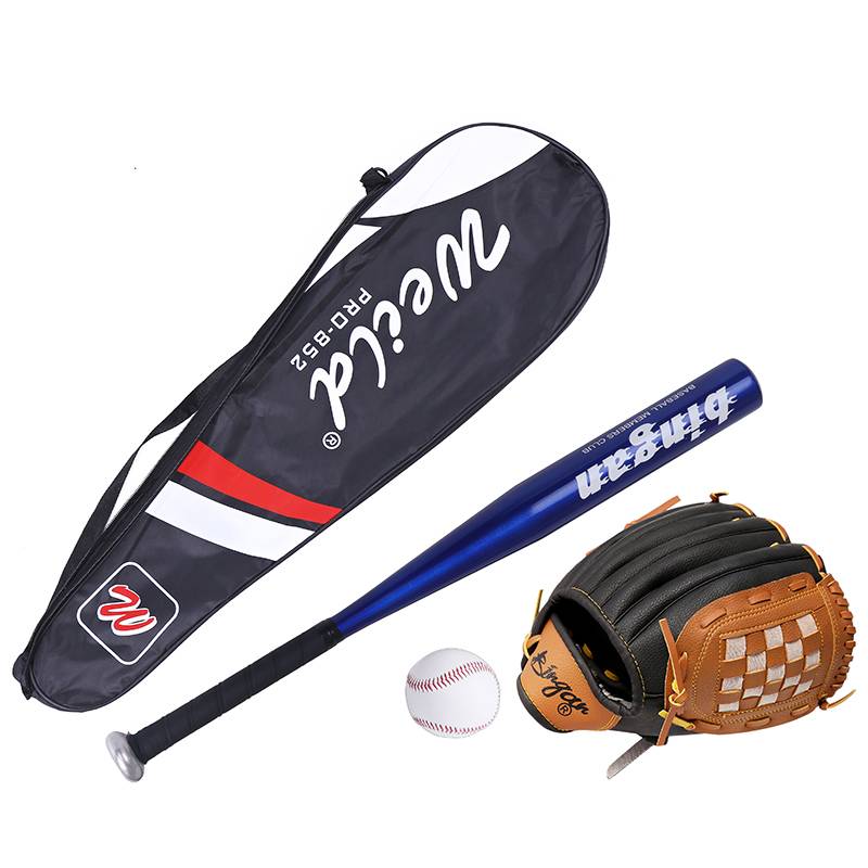 Brown black baseball glove+blue stick+baseball+bag