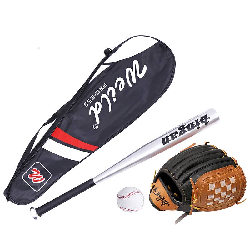 Brown black baseball glove+silver stick+baseball+bag