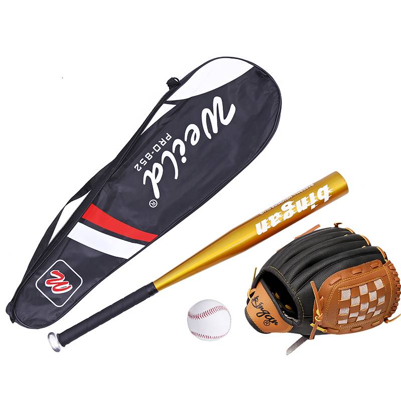 Brown black baseball gloves+golden stick+baseball+bag