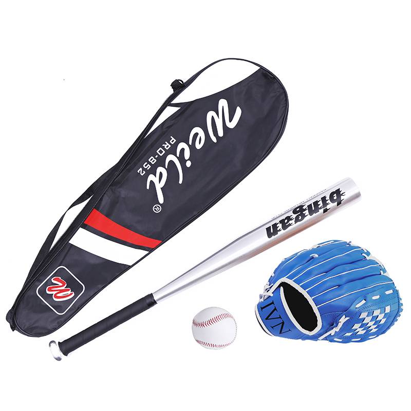 Blue baseball glove+silver stick+baseball+bag