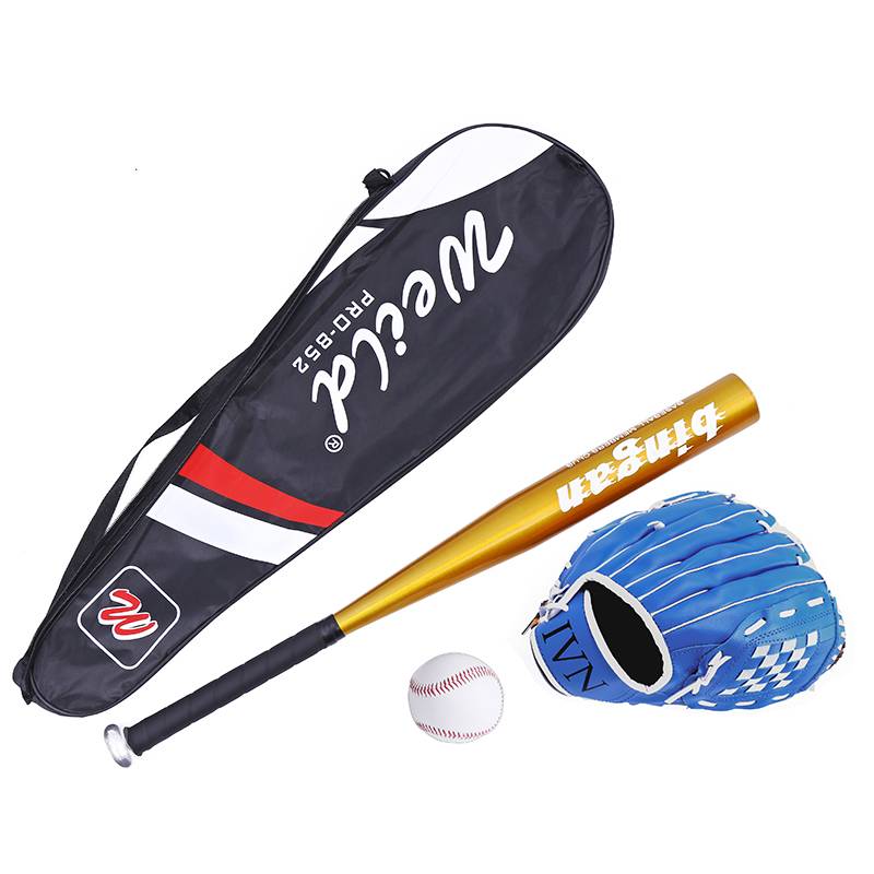 Blue baseball glove+golden ball+baseball+bag