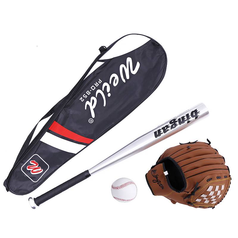 Brown baseball glove+silver stick+baseball+bag
