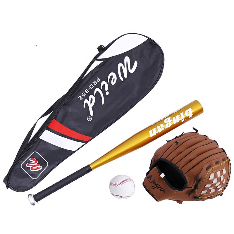 Brown baseball gloves+golden stick+baseball+bag