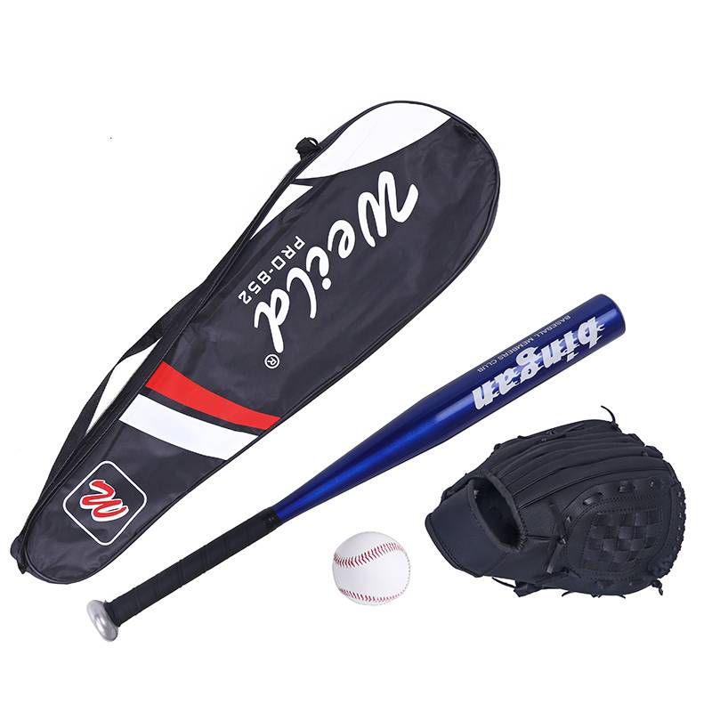 Black baseball glove+blue stick+baseball+bag