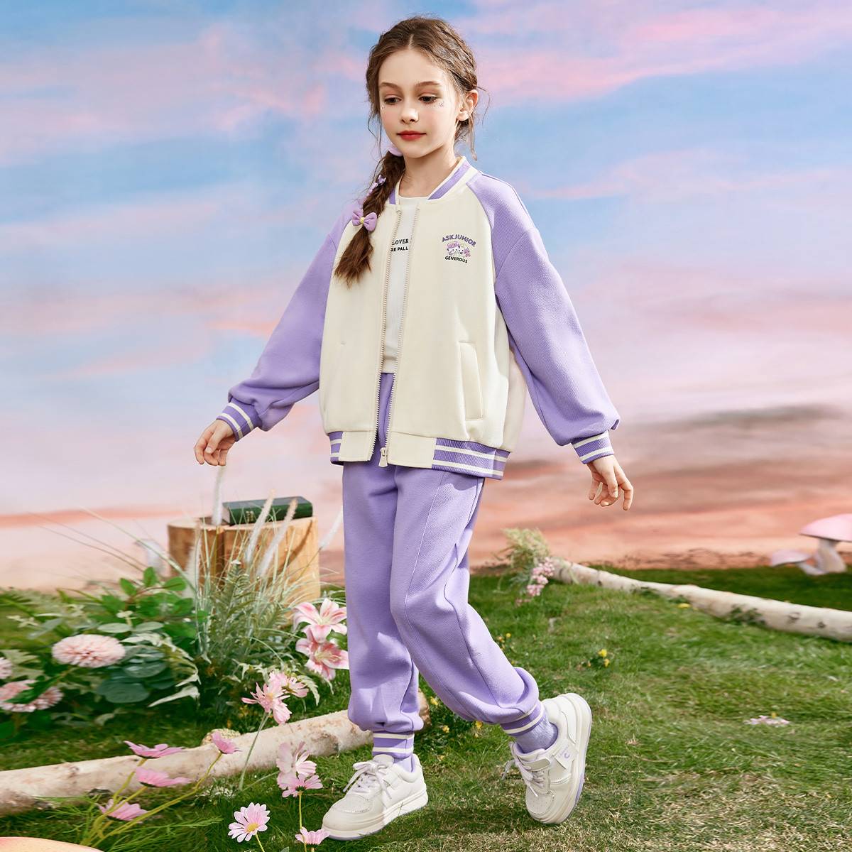 Askjunior Girl Set 2024 Autumn New Baseball Character Jants Pants Skirts College Wind three -piece