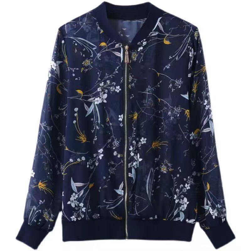 Bargaining long -sleeved floral real silk baseball jacket jacket thin 2024 spring and summer loose fashion sunscreen shirt