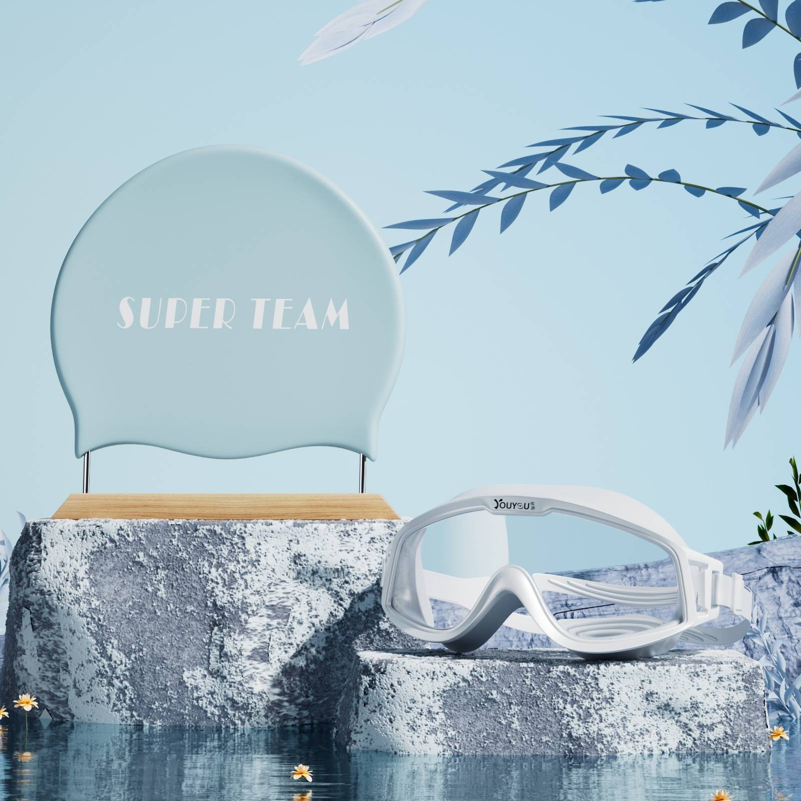 Blue+large frame swimming mirror