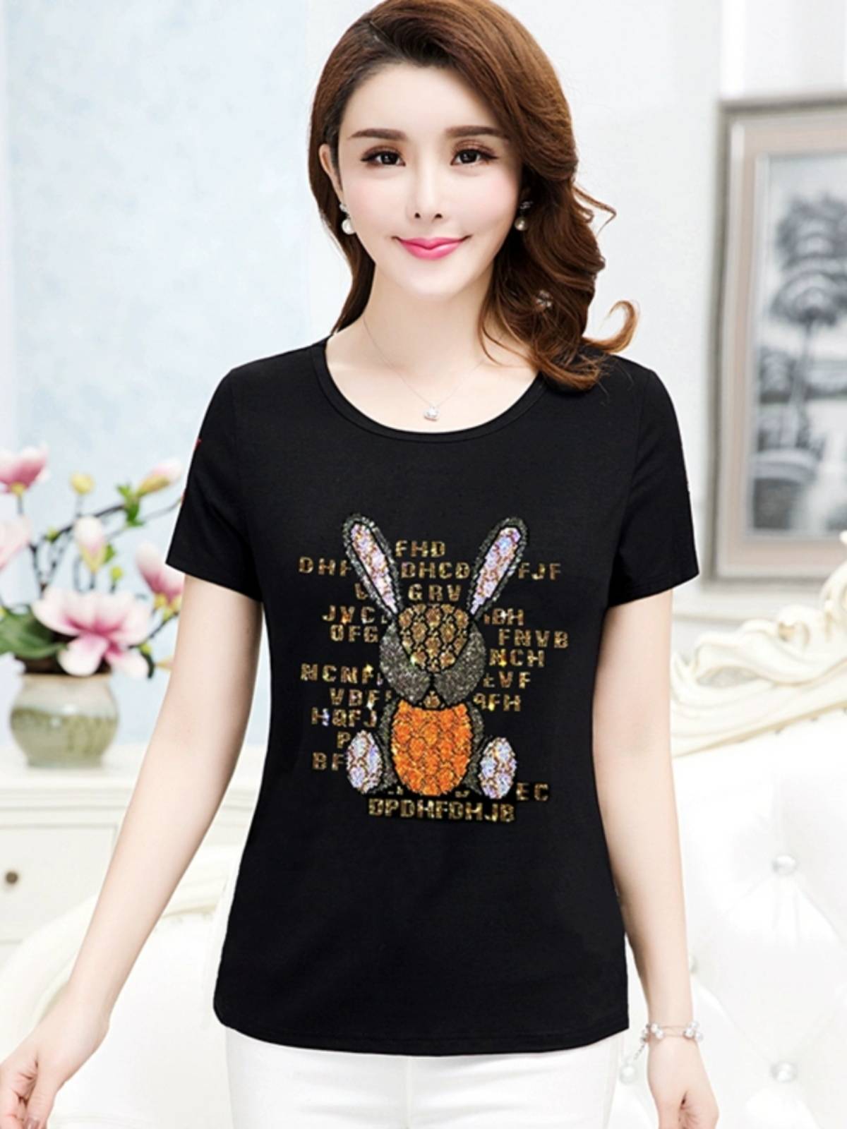Genuine Rui Ting Rose Short -sleeved T -shirt Female Black Charm Women's Black Large Summer Model Pure Cotton Net Red Heavy Works Hot Diarden
