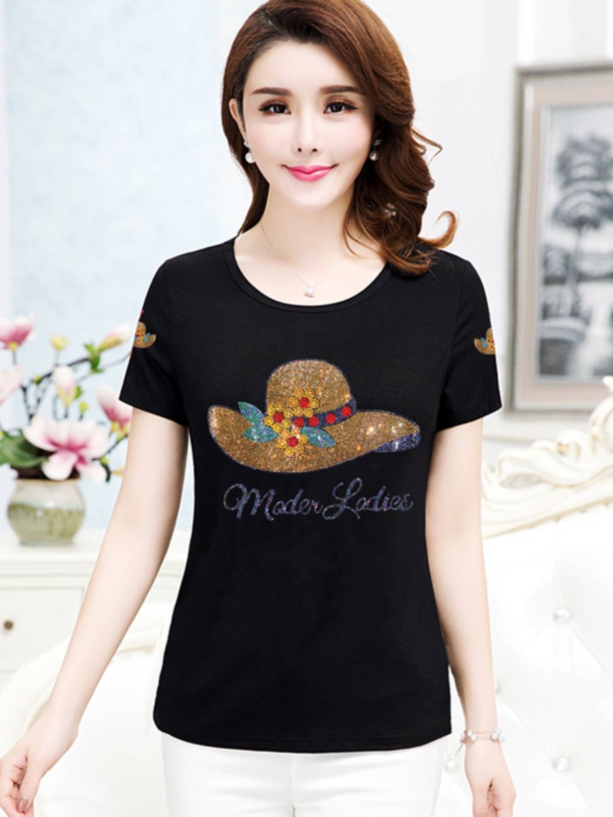 Genuine Rui Ting Rose Short -sleeved T -shirt Female Black Charm Women's Black Large Summer Model Pure Cotton Net Red Heavy Works Hot Diarden
