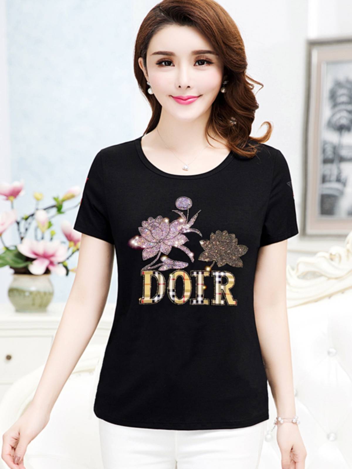 Genuine Rui Ting Rose Short -sleeved T -shirt Female Black Charm Women's Black Large Summer Model Pure Cotton Net Red Heavy Works Hot Diarden