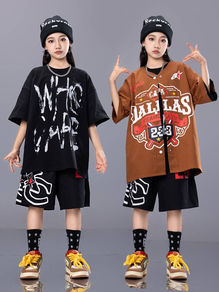 Children's hip -hop clothing baseball service handsome set hiphop performance service loose little girl jazz dance exercise service