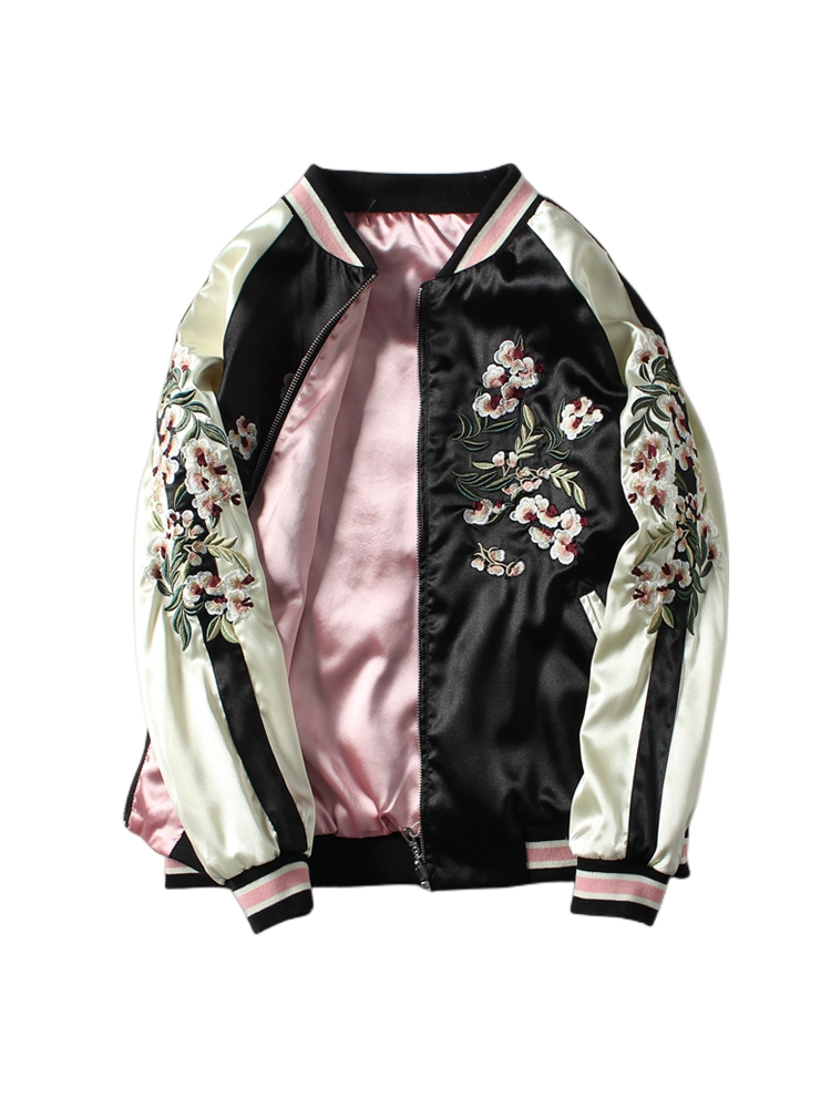 Pink on both sides of baseball uniforms women spring and autumn new flowers embroidered short coat college style versatile loose top tide