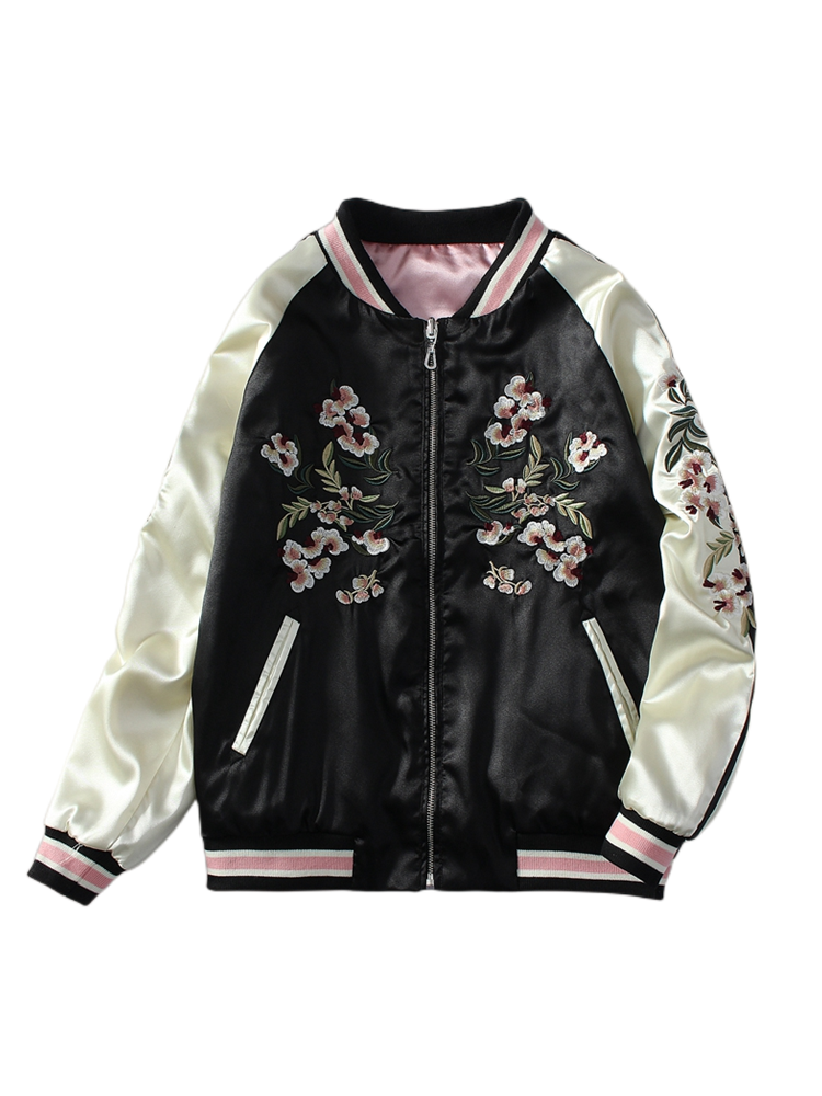 Pink on both sides of baseball uniforms women spring and autumn new flowers embroidered short coat college style versatile loose top tide