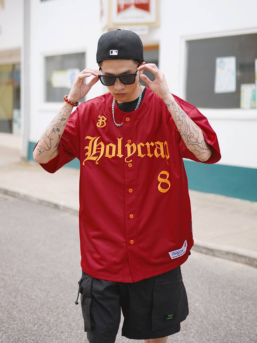 Busykid American baseball cardigan short -sleeved Doberman embroidered silk hip -hop jersey hiphop street dance T -shirt
