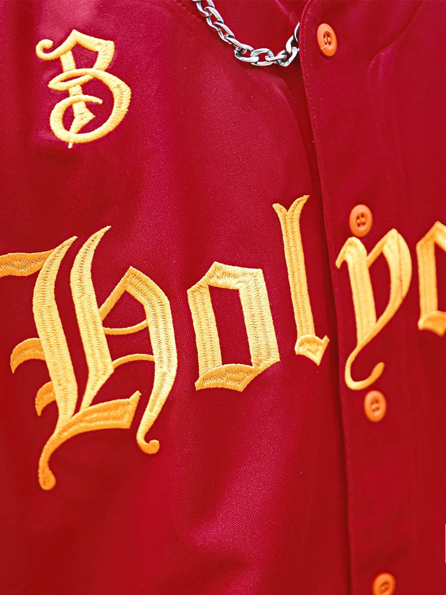Busykid American baseball cardigan short -sleeved Doberman embroidered silk hip -hop jersey hiphop street dance T -shirt
