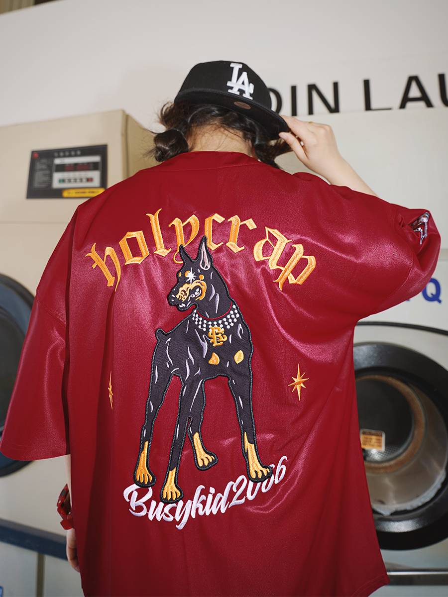 Busykid American baseball cardigan short -sleeved Doberman embroidered silk hip -hop jersey hiphop street dance T -shirt