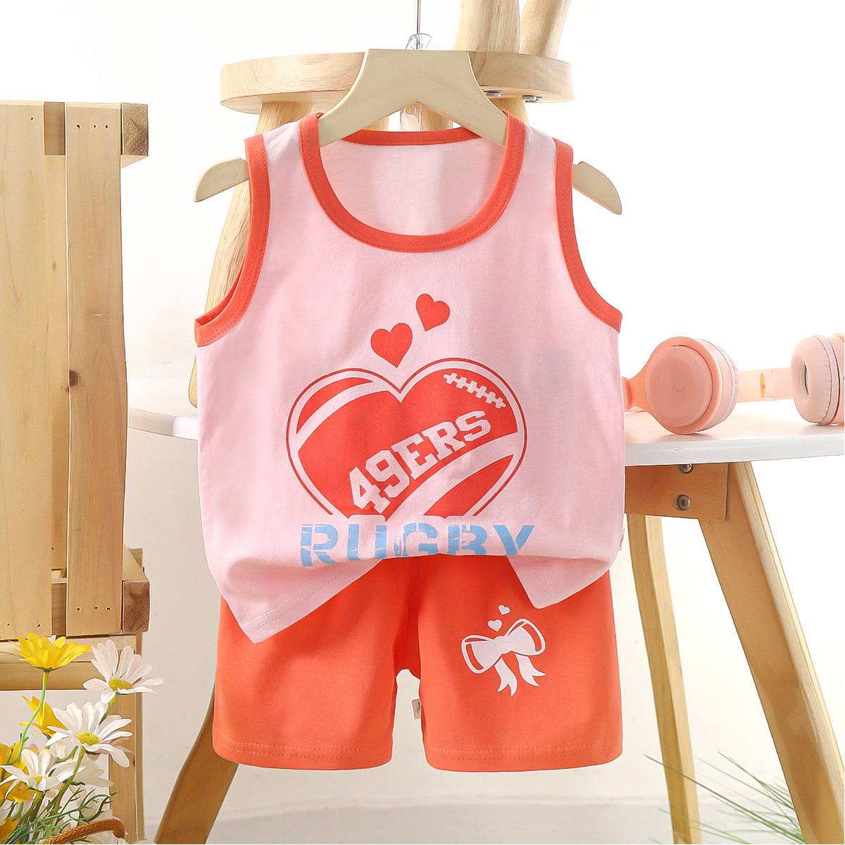 2024 Summer thin children's pure cotton vest set Boys, girls, cartoon sleeveless T -shirts, baby clothing, baby clothing