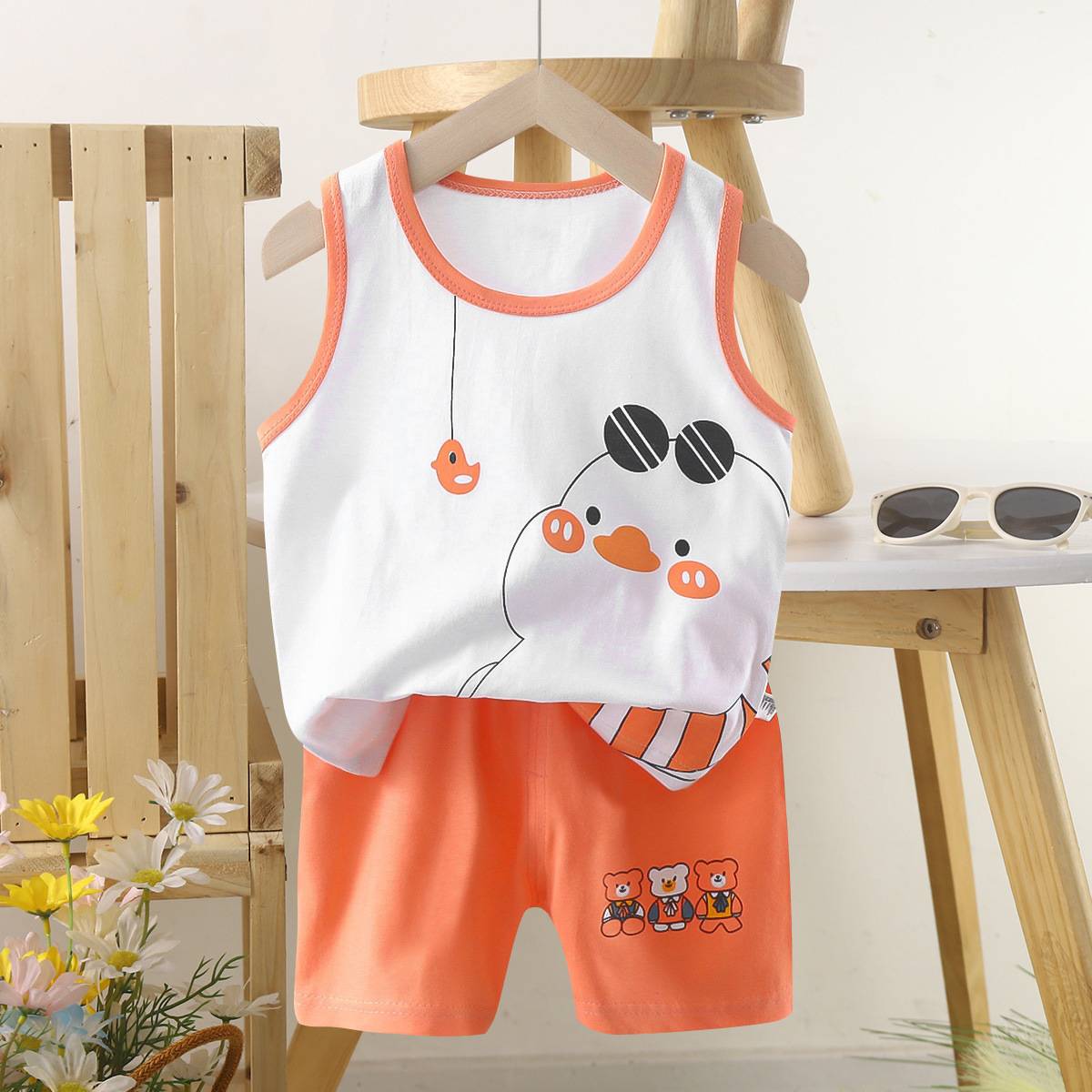 2024 Summer thin children's pure cotton vest set Boys, girls, cartoon sleeveless T -shirts, baby clothing, baby clothing