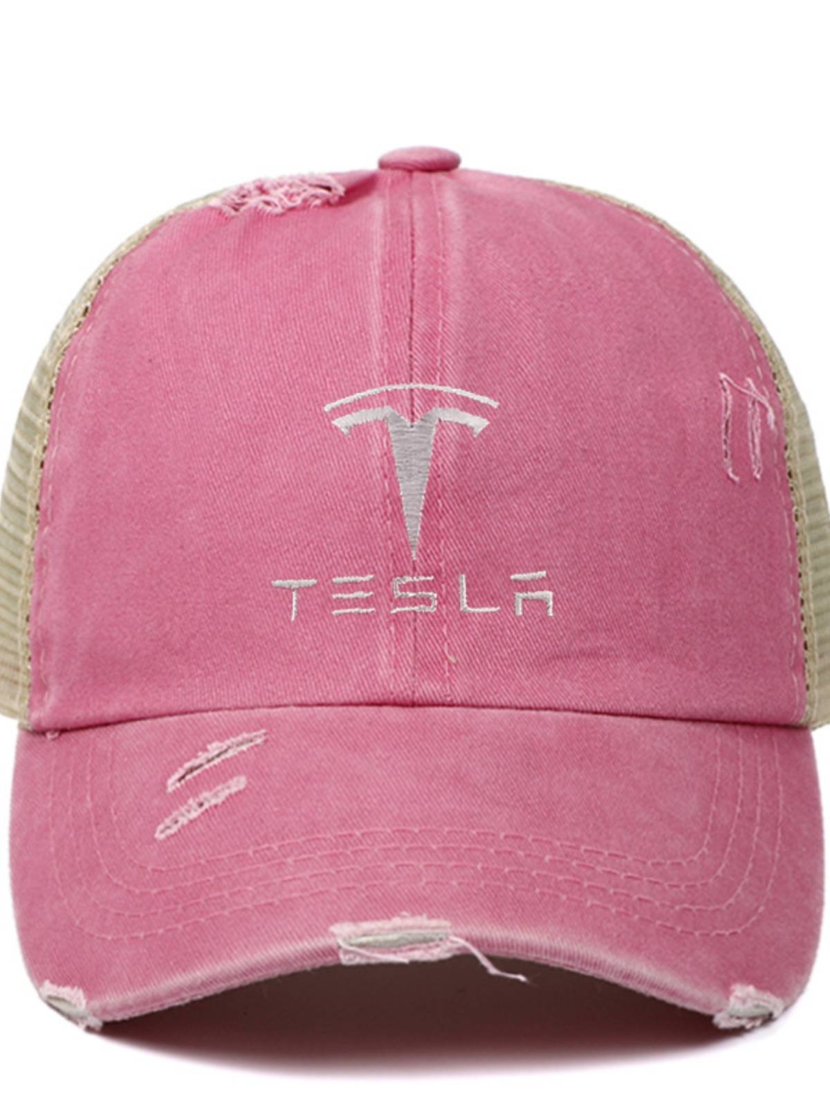 Embroidery Tesla logo baseball hats, water washing, horsetail hat female summer spring and autumn, old outdoor sunscreen spot