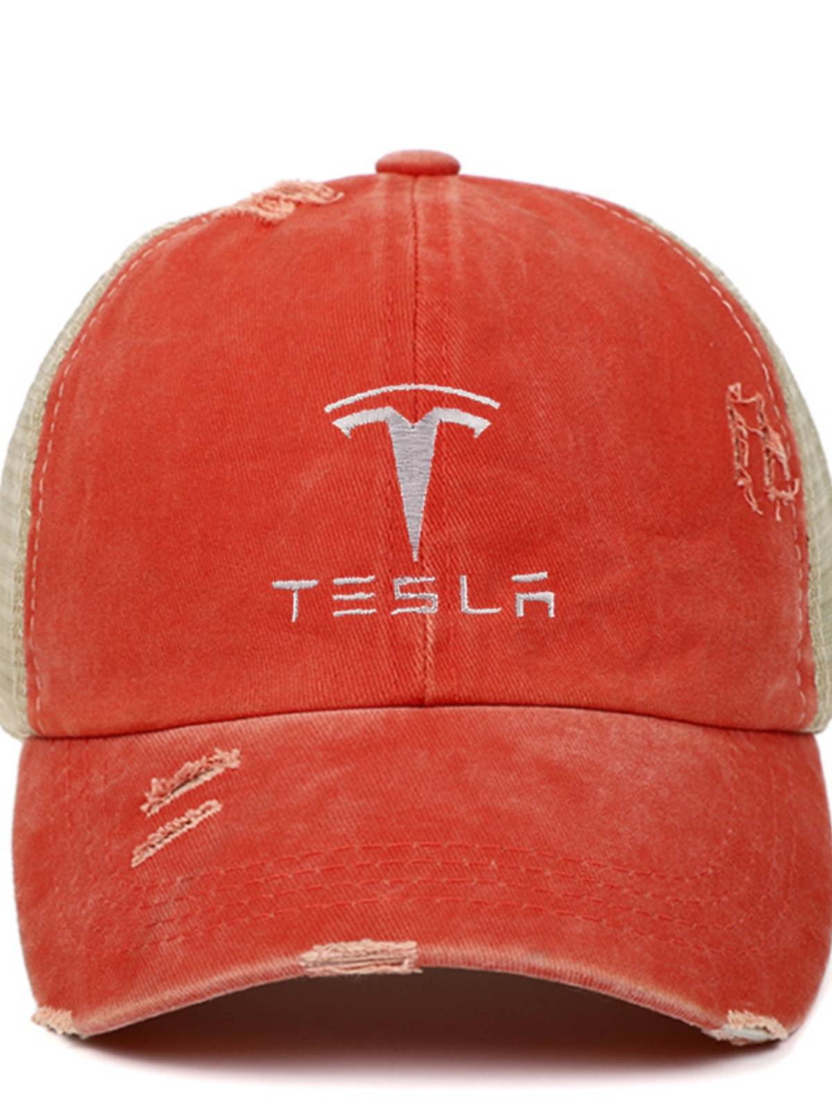Embroidery Tesla logo baseball hats, water washing, horsetail hat female summer spring and autumn, old outdoor sunscreen spot