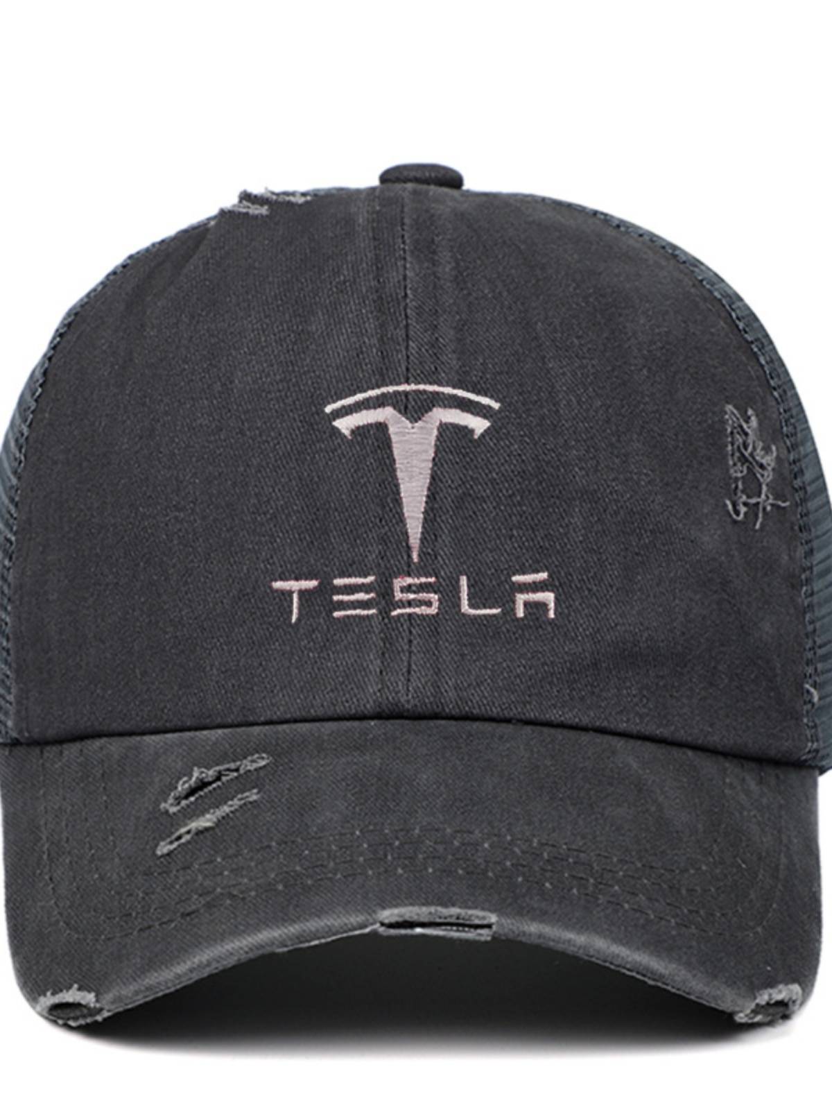 Embroidery Tesla logo baseball hats, water washing, horsetail hat female summer spring and autumn, old outdoor sunscreen spot
