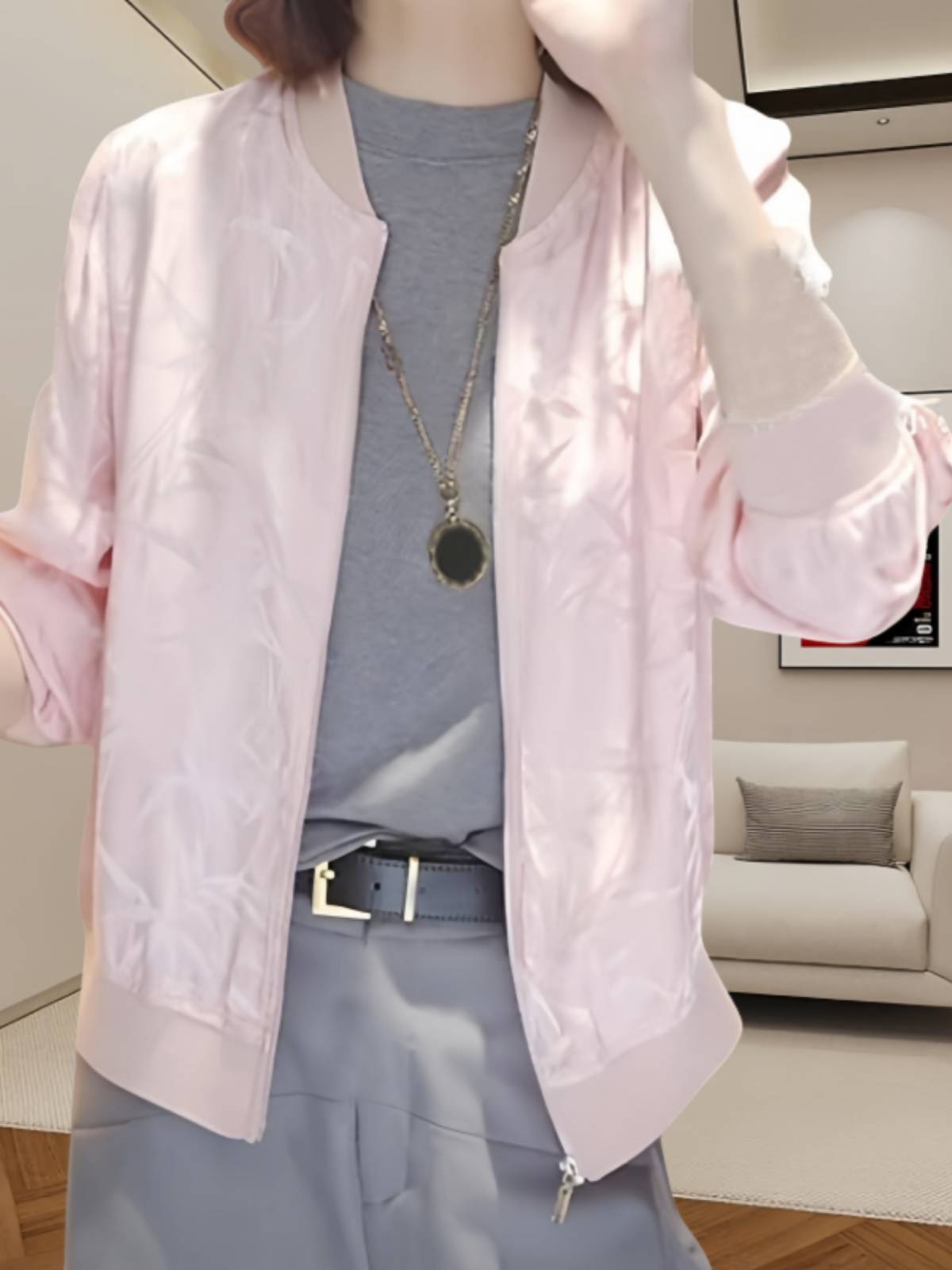 Bamboo leaf printed short jacket Women's summer new zipper cardigan thin baseball uniform versatile temperament long sleeve top