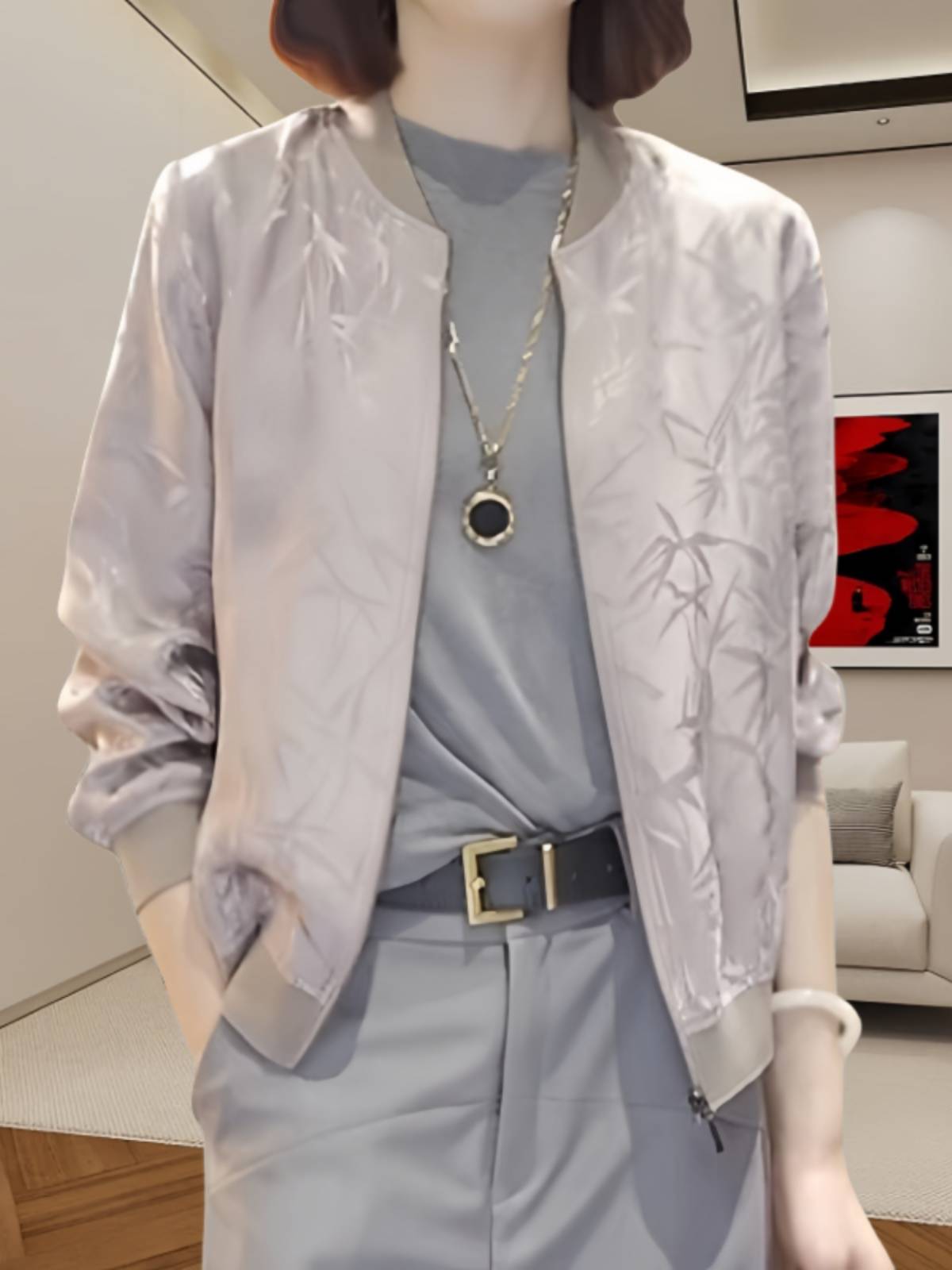 Bamboo leaf printed short jacket Women's summer new zipper cardigan thin baseball uniform versatile temperament long sleeve top