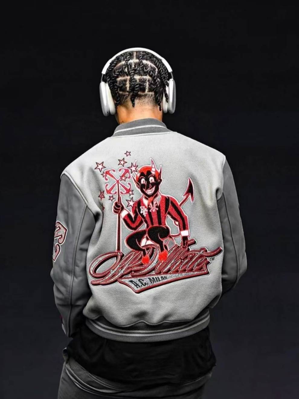 American AC Milan jacket heavy worker embroidered nail OFF tide tide brand white jite leisure sports OW baseball uniform man