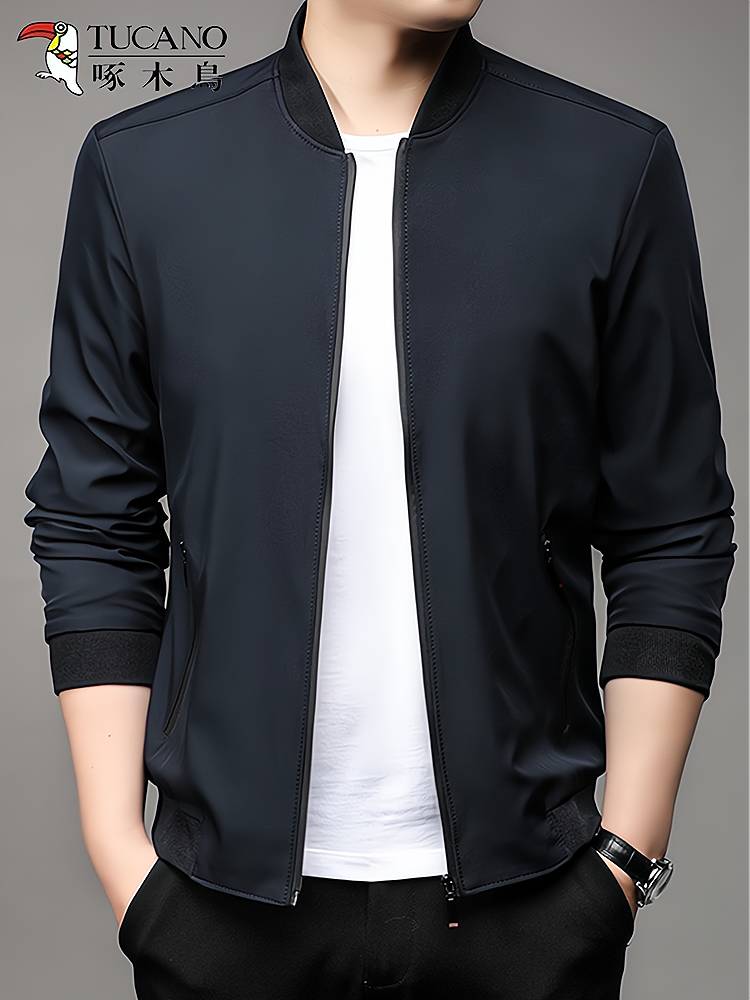 Woodpecker coat men's spring and autumn stand -up collar solid color top middle -aged father baseball collar business casual jacket men