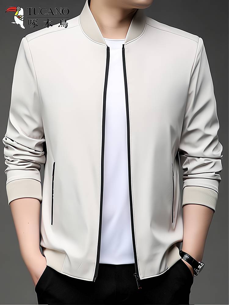 Woodpecker coat men's spring and autumn stand -up collar solid color top middle -aged father baseball collar business casual jacket men