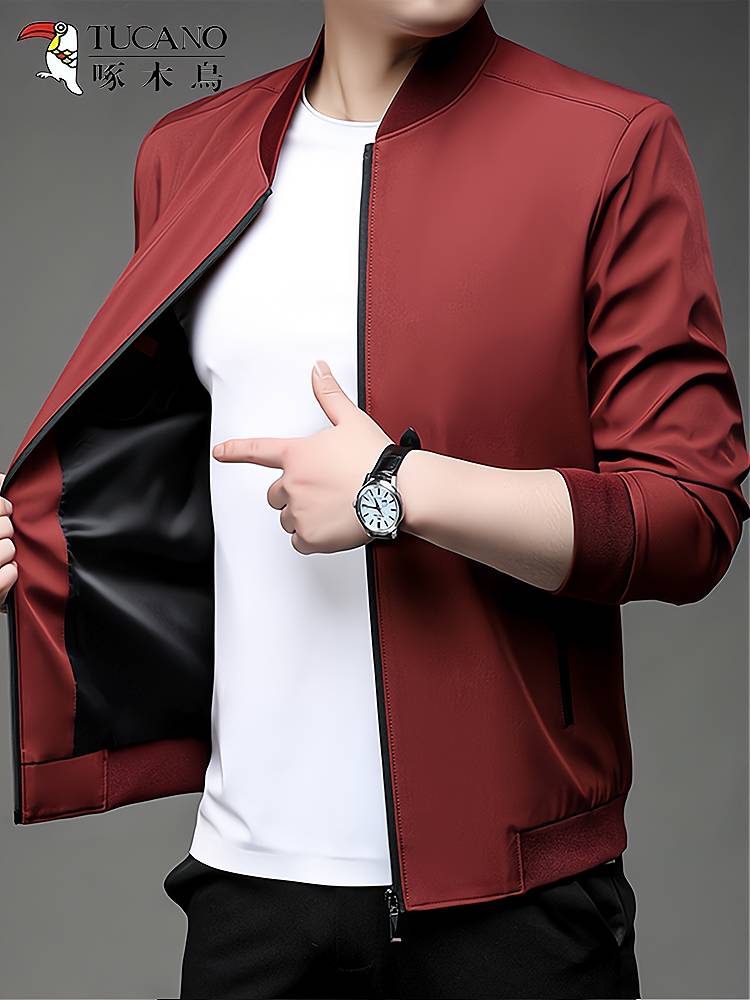 Woodpecker coat men's spring and autumn stand -up collar solid color top middle -aged father baseball collar business casual jacket men