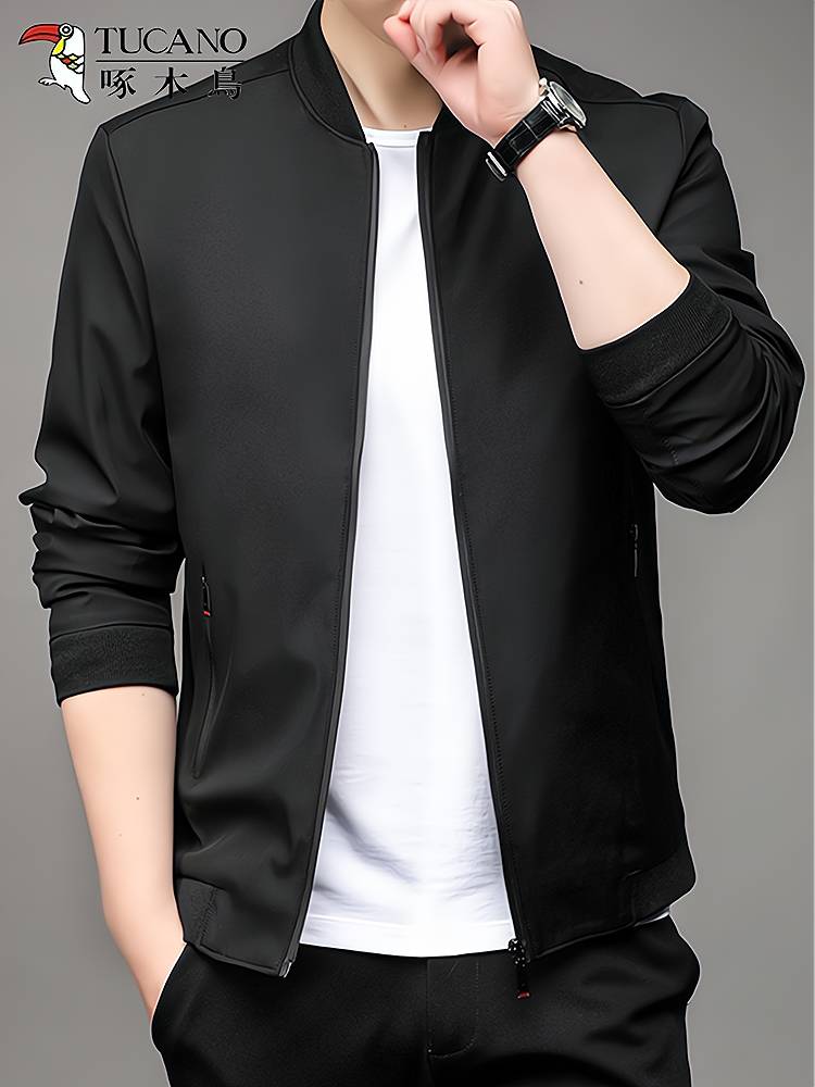 Woodpecker coat men's spring and autumn stand -up collar solid color top middle -aged father baseball collar business casual jacket men