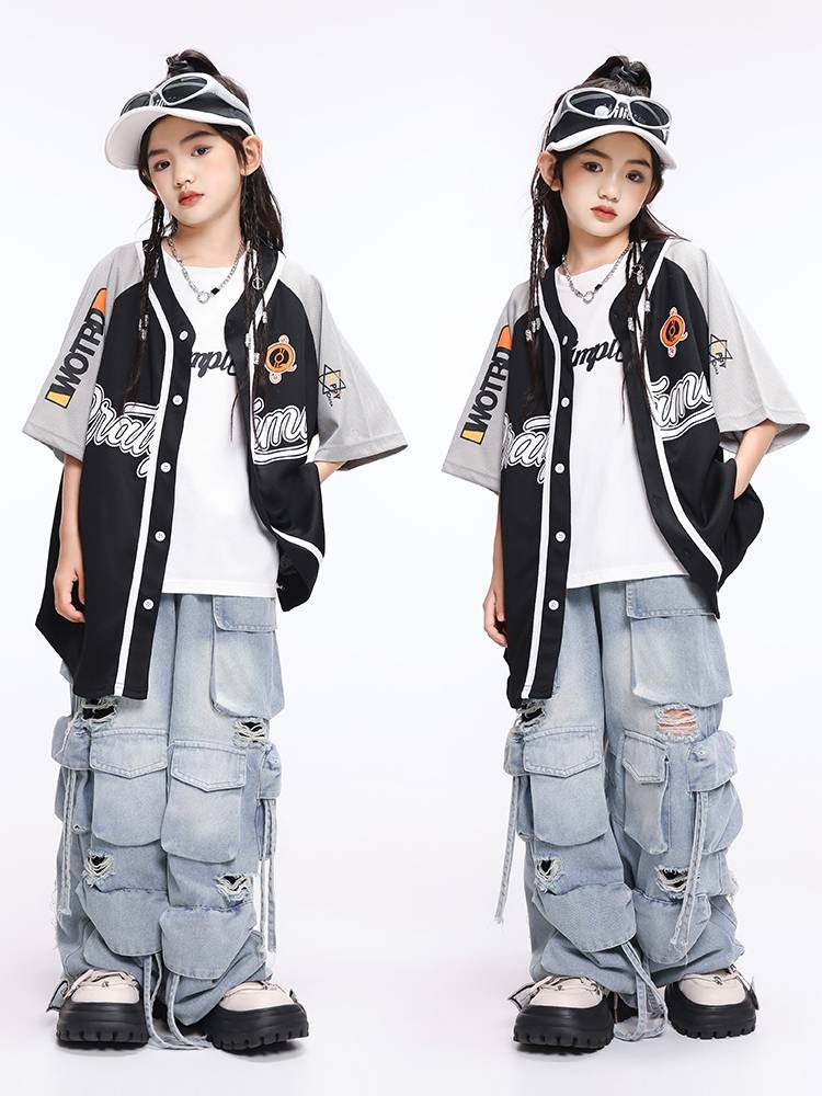 Children's Hitoma Hip -hop Dance Male Girl Loose Baseball Hip Hip HIPHOP Performance Service Children's Shelf Drum Server Set