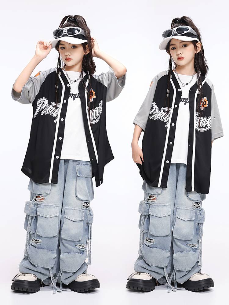 Children's Hitoma Hip -hop Dance Male Girl Loose Baseball Hip Hip HIPHOP Performance Service Children's Shelf Drum Server Set