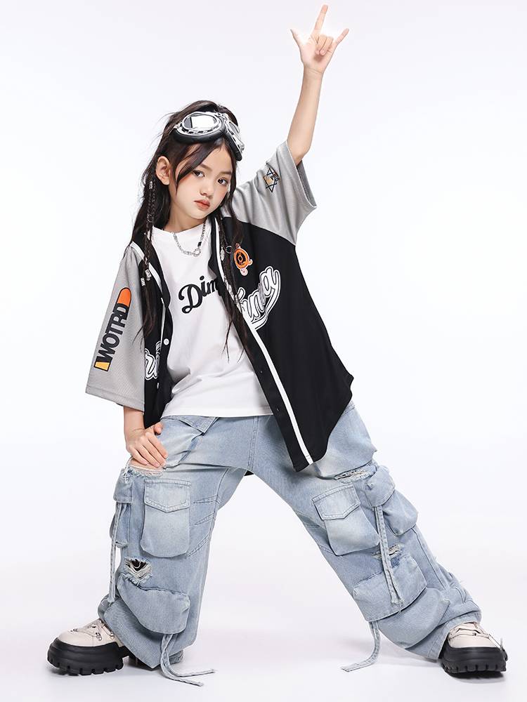 Children's Hitoma Hip -hop Dance Male Girl Loose Baseball Hip Hip HIPHOP Performance Service Children's Shelf Drum Server Set