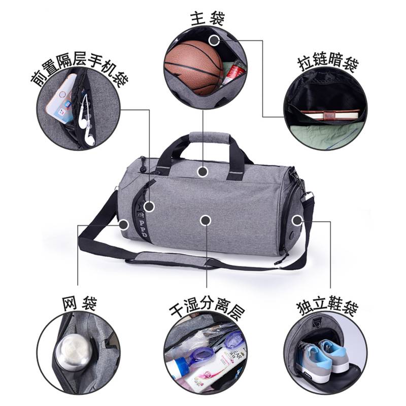 The gym bag, the dry, wet, separate travel bag, the football bag, the basketball bag, the waterproof handbag