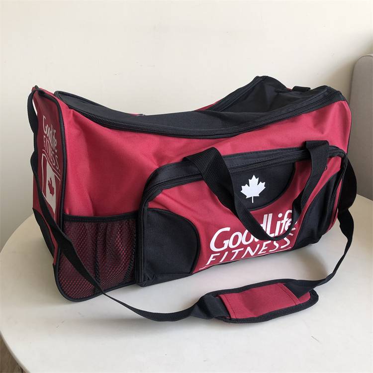 Black-red-red-coloured, slash-and-trip gym bag bag