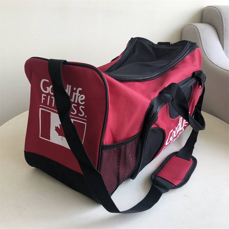 Black-red-red-coloured, slash-and-trip gym bag bag