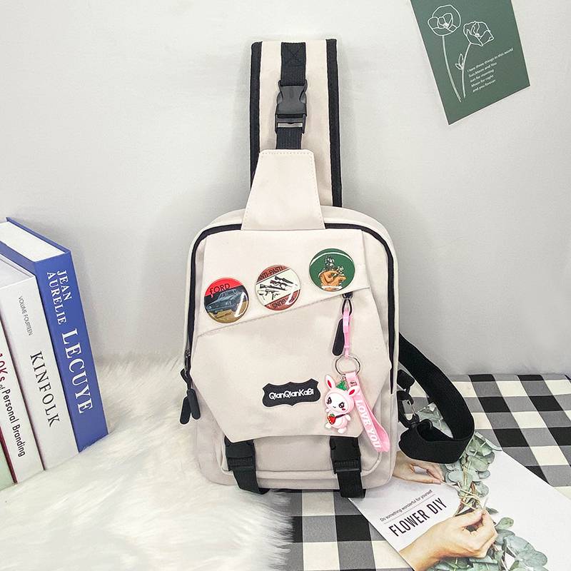 White + 3 badges + cute pink rabbit hanging