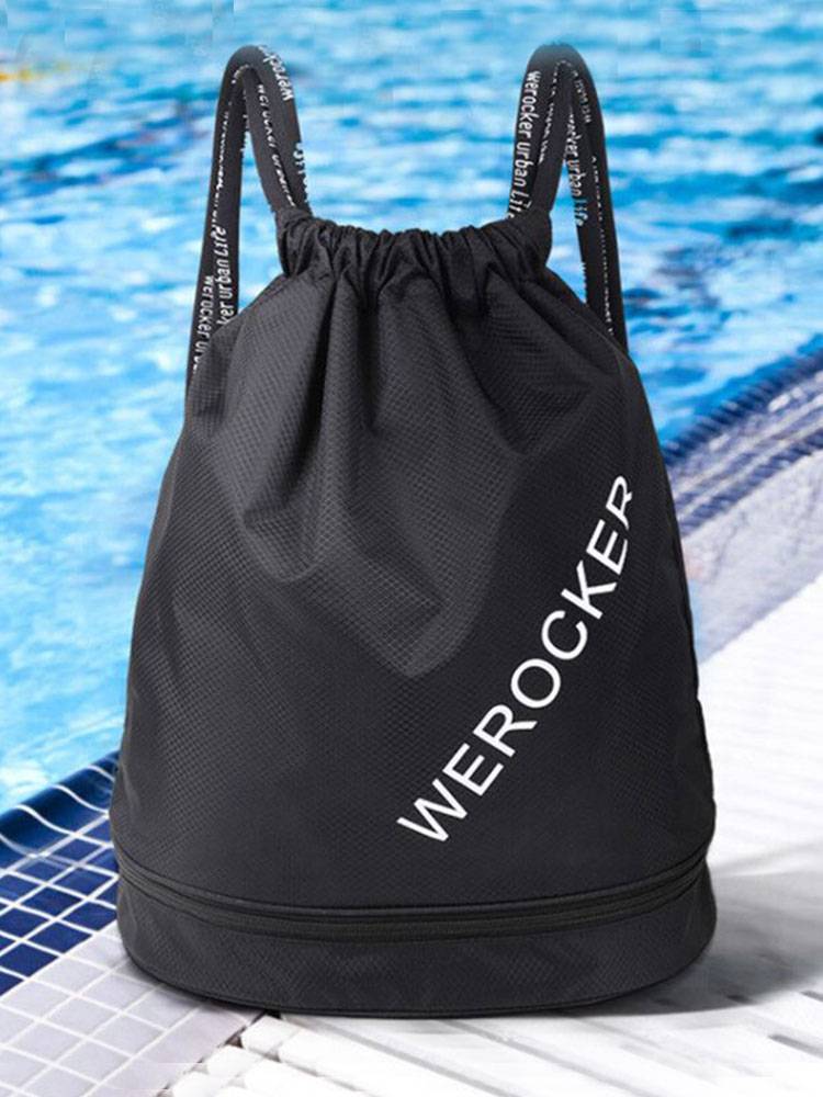 A sports gym bag girl rides a light swimming basketball bag and pulls a rope and a shoulder bag outside