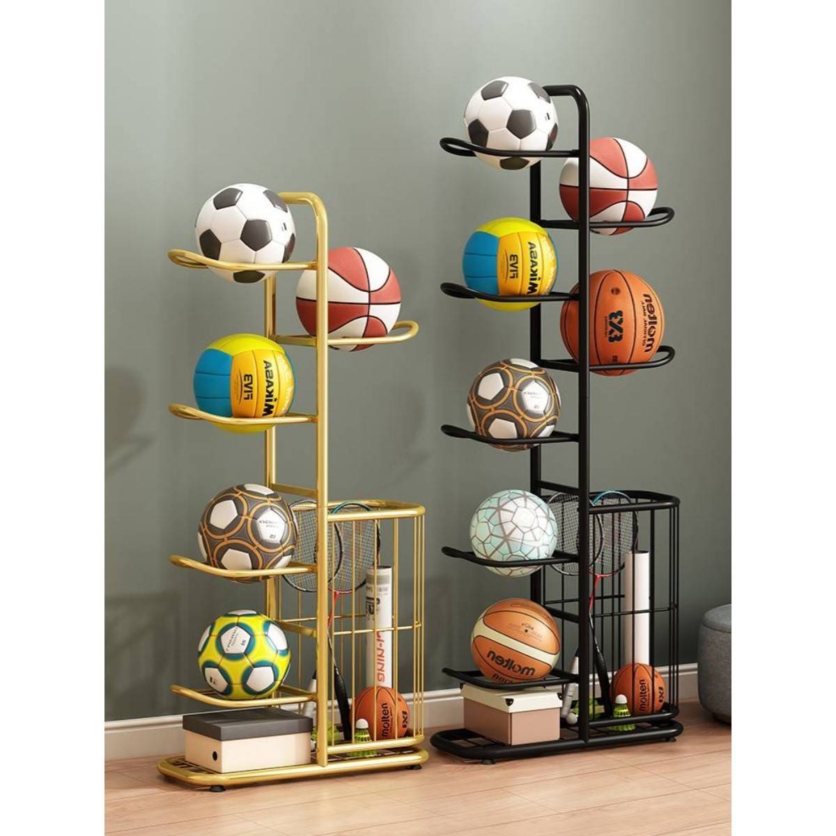 Basketball storage rack floor -to -ceiling multi -layer ball rack household indoor children's football volleyball shelf badminton storage basket