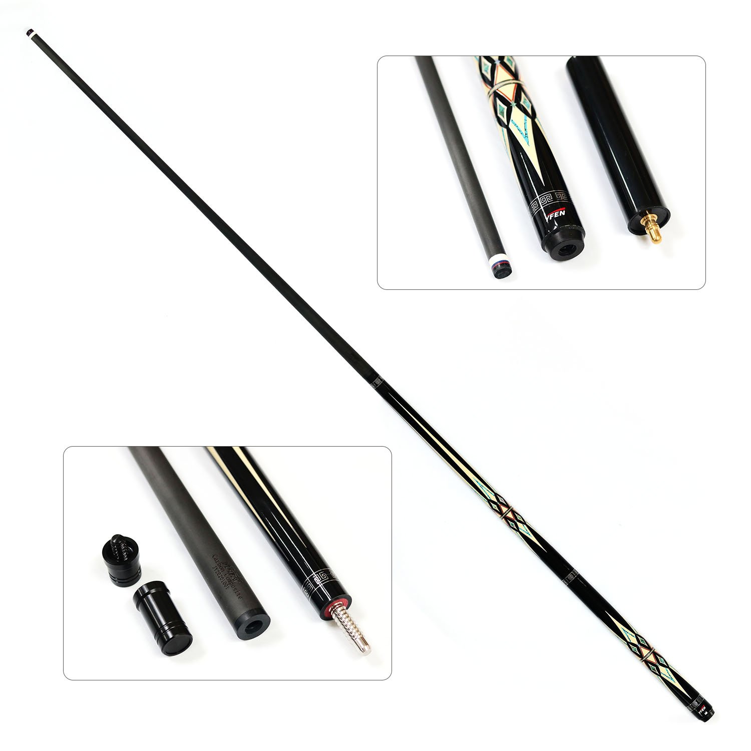Xikuno high quality YFen 1/2-pc carbon fiber shaft ebony butt pool cue with extension