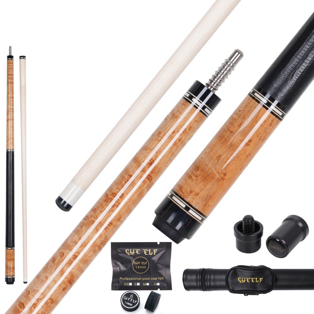 Xmlinco Handmade Billiard Sticker pool Cue Curly Wood Lizard Leather Warp 12.5mm Tip Size Hard Maple Shaft 58 Inches